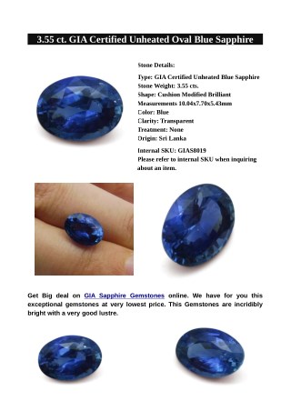 3.55 ct. GIA Certified Unheated Oval Blue Sapphire