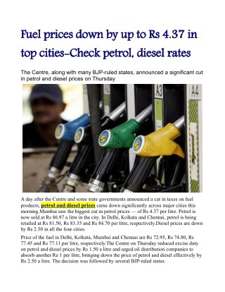 Fuel prices down by up to Rs 4.37 in top cities: Check petrol, diesel rates