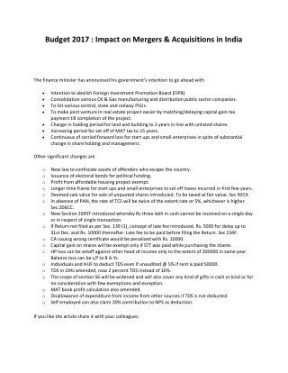 Budget 2017 : Impact on Mergers & Acquisitions in India - Haresh Shah