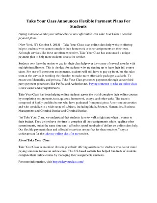 Take Your Class Announces Flexible Payment Plans For Students