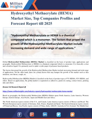 Hydroxyethyl Methacrylate (HEMA) Market Size, Top Companies Profiles and Forecast Report till 2025