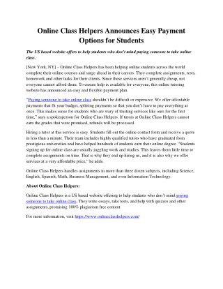 Online Class Helpers Announces Easy Payment Options for Students