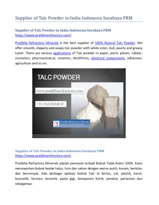 Supplier of Talc Powder in India Indonesia Surabaya PRM