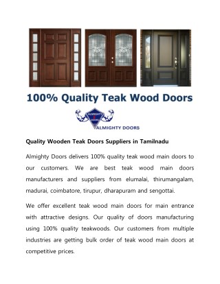 Quality Wooden Teak Doors Suppliers in Tamilnadu