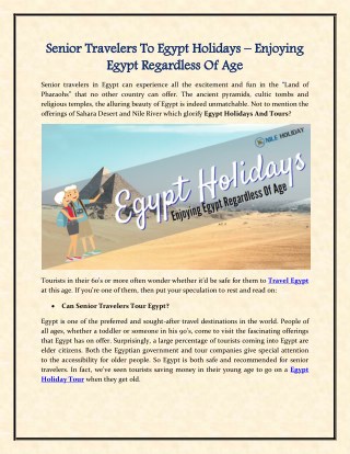 Senior Travelers To Egypt Holidays – Enjoying Egypt Regardless Of Age