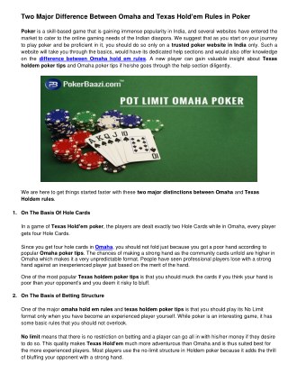 Two Major Difference Between Omaha and Texas Hold’em Rules in Poker