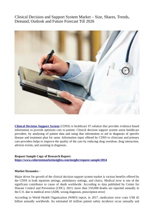 Clinical Decision and Support System Market – Size, Shares, Trends, Demand, Outlook and Future Forecast Till 2026