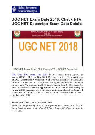 UGC NET Exam Date 2018: Check NTA UGC NET December Exam Date Details