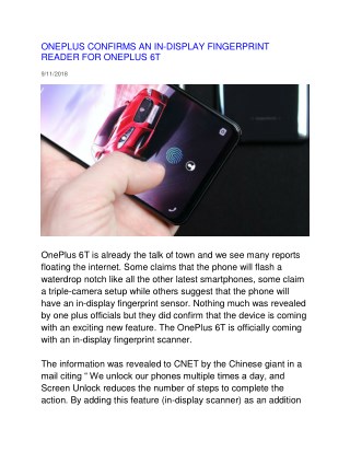 ONEPLUS CONFIRMS AN IN-DISPLAY FINGERPRINT READER FOR ONEPLUS 6T