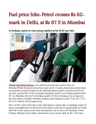 Fuel price hike: Petrol crosses Rs 82-mark in Delhi, at Rs 87.5 in Mumbai