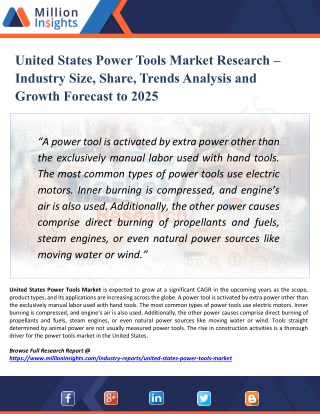 United States Power Tools Market Growth Challenges, Key Vendors, Drivers, Technical Analysis and Trends by Forecast to