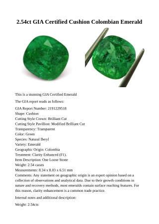 2.54ct GIA Certified Cushion Colombian Emerald