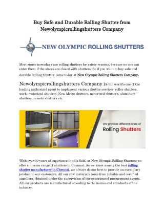Buy Safe and Durable Rolling Shutter from Newolympicrollingshutters Company