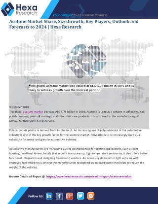 Acetone Market 2018: Analysis, Top Key Players, Drivers and Trends by Forecast to 2024