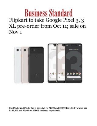 Flipkart to take Google Pixel 3, 3 XL pre-order from Oct 11; sale on Nov 1 