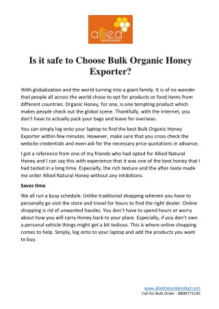 Is it safe to Choose Bulk Organic Honey Exporter?