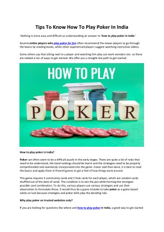 Tips To Know How To Play Poker In India