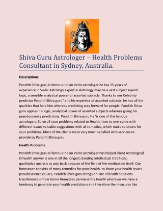 Shiva Guru Astrologer – Health Problems Consultant in Sydney, Australia.