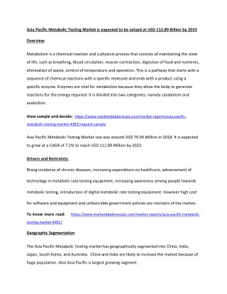 Asia Pacific Metabolic Testing Market is projected to hold a value of over USD 112.89 billion in 2018-2023