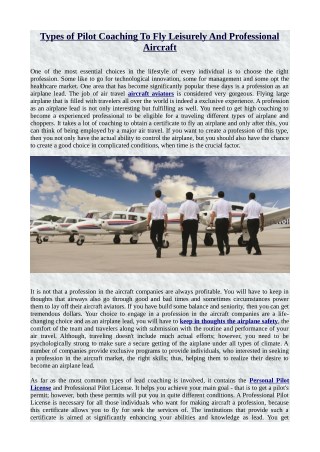 Types of Pilot Coaching To Fly Leisurely And Professional Aircraft