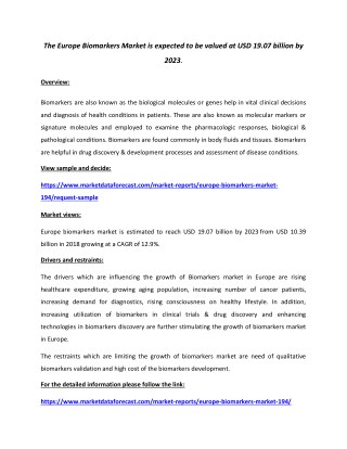 Europe Biomarkers Market is on the verge of crossing USD 19.07 billion in 2023 | Market Data Forecast