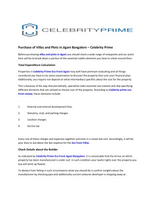 Purchase of Villas and Plots in Jigani Bangalore – Celebrity Prime