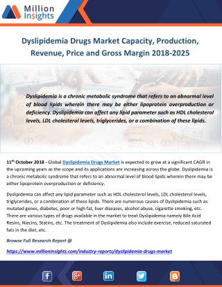 Dyslipidemia Drugs Market Capacity, Production, Revenue, Price and Gross Margin 2018-2025