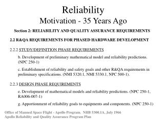 Reliability Motivation - 35 Years Ago