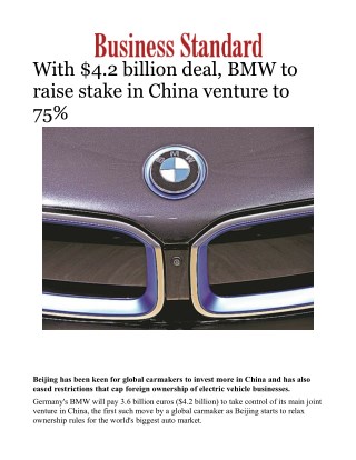 With $4.2 billion deal, BMW to raise stake in China venture to 75%