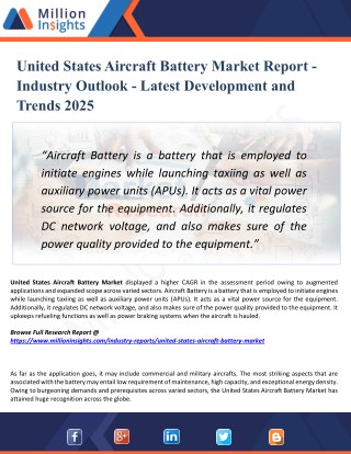 United States Aircraft Battery Market - Industry Analysis, Size, Share, Growth, Trends, and Forecasts 2025