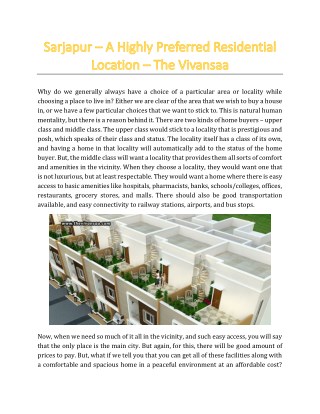 Sarjapur – A Highly Preferred Residential Location - The Vivansaa