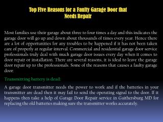 Top Five Reasons for a Faulty Garage Door that Needs Repair