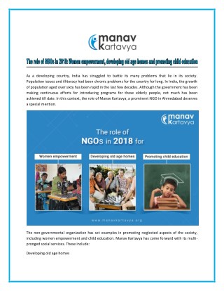 The role of NGOs in 2018: Women empowerment, developing old age homes and promoting child education