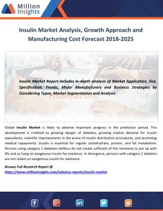 Insulin Market Analysis, Growth Approach and Manufacturing Cost Forecast 2018-2025