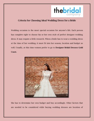 Criteria for Choosing Ideal Wedding Dress for a Bride