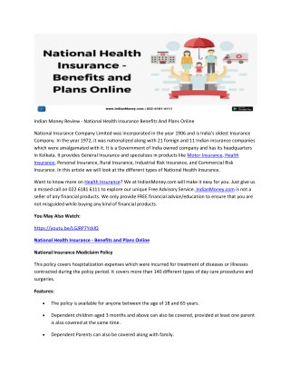 Indian Money Review - National Health Insurance Benefits And Plans Online