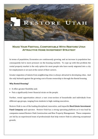 Make Your Festival Comfortable With Restore Utah Attractive Home Investment Strategy
