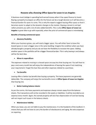 Reasons why choosing Office Space for Lease in Los Angeles
