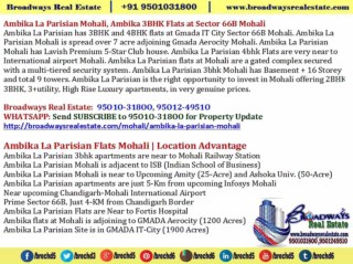 Ambika La Parisian Mohali, 3BHK Flats at Sector 66B Mohali 95O1O318OO