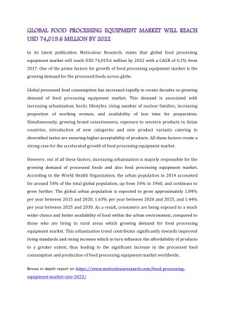 GLOBAL FOOD PROCESSING EQUIPMENT MARKET WILL REACH USD 74,019.6 MILLION BY 2022