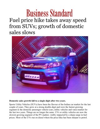 Fuel price hike takes away speed from SUVs; growth of domestic sales slows