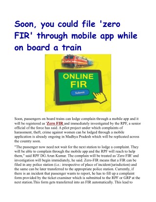 Soon, you could file 'zero FIR' through mobile app while on board a train