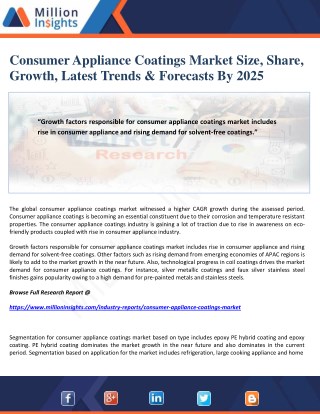 Consumer Appliance Coatings Market Size, Share, Growth, Latest Trends & Forecasts By 2025