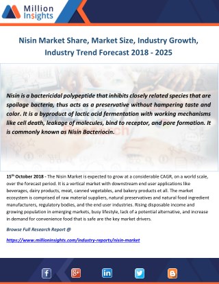 Nisin Market Share, Market Size, Industry Growth, Industry Trend Forecast 2018 - 2025