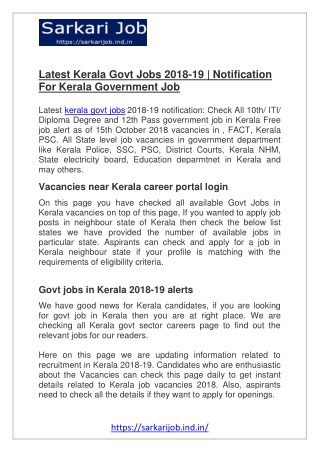 Latest Kerala Govt Jobs 2018-19 | Notification For Kerala Government Job