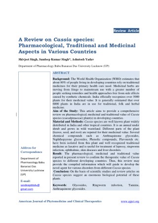 A Review on Cassia species: Pharmacological, Traditional and Medicinal Aspects in Various Countries