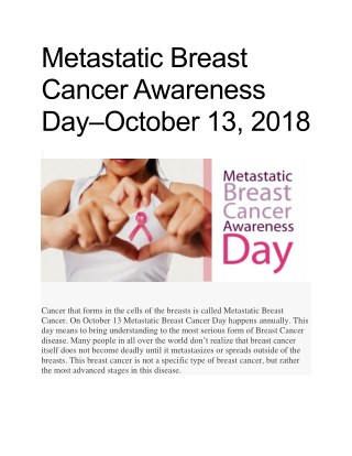 Metastatic Breast Cancer Awareness Day–October 13, 2018