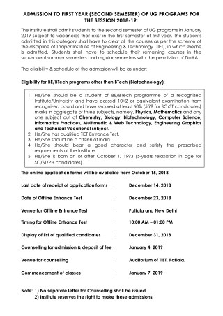 TIET - Admission to first year (second semester) for UG & Ph.D programs 2018-2019