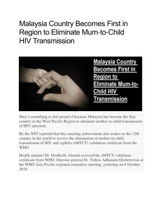 Malaysia Country Becomes First in Region to Eliminate Mum-to-Child HIV Transmission