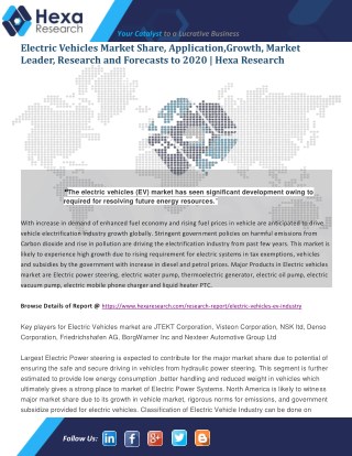 Electric vehicles Market boosting the growth: Market Dynamics and Trends,Growth, Efficiencies Forecast 2020